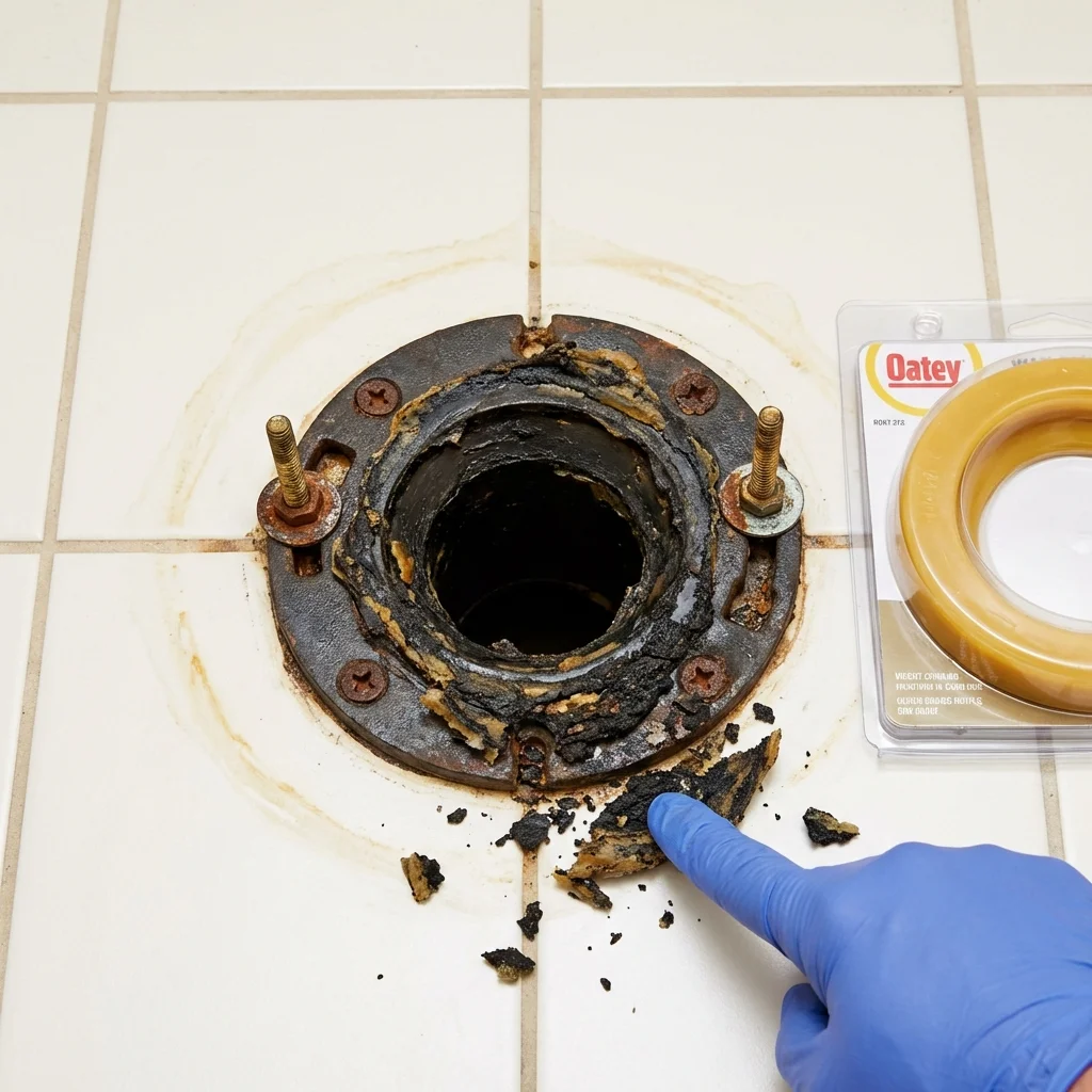 Failed wax ring showing water seepage at the base of a toilet in a Bloomington, CA home