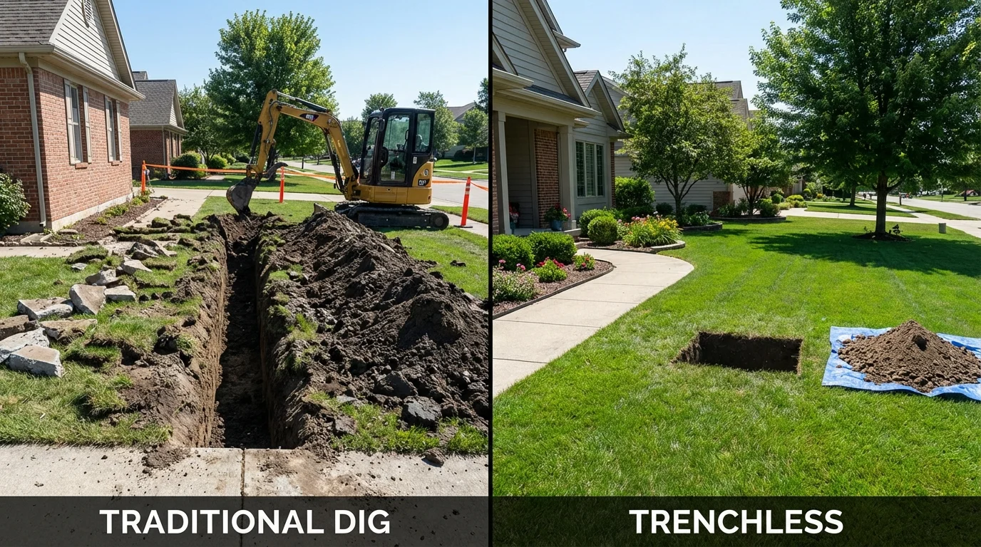 Trenchless sewer repair with minimal yard damage versus traditional excavation in Bloomington, CA